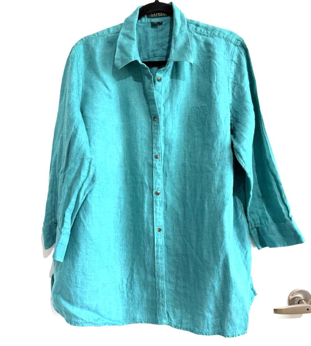 Lauren Ralph Lauren Teal Linen Herringbone embroidered logo Button Down Shirt 2X